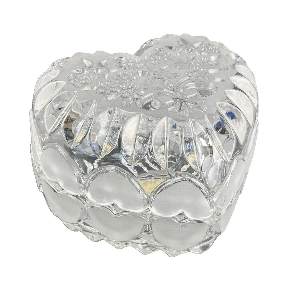 Genuine Lead Crystal Heart Candy Trinket Box Dish Matte & Clear West Germany